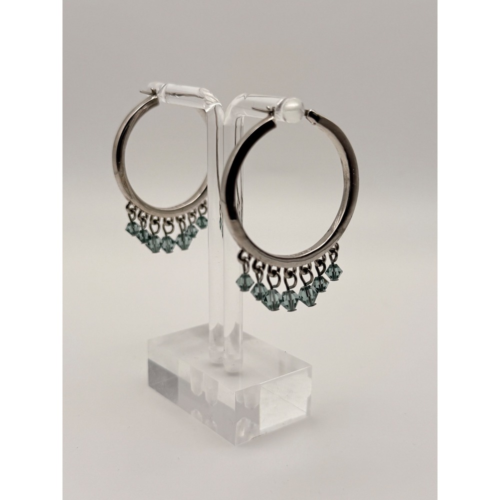 Givenchy Silver Tone Hoop Earrings with Teal Blue Crystal Charms and Accents